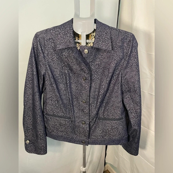 Peck & Peck Weekend Blue Animal Print Blazer‎ Button Front Jacket Womens Sz 12 - Picture 1 of 13